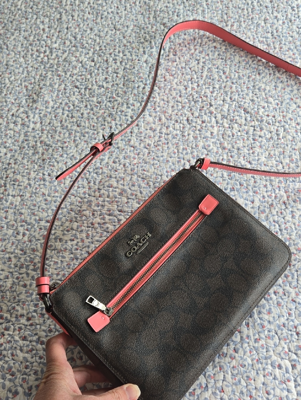 COACH ▪︎ Gallery File Bag, Brown Signature Crossbody with Coral Trim